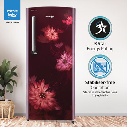 Voltas Beko ‘A Tata Product’ 210 L 3 star Made-in-India Direct cool Refrigerator (RDC245C / W0DWE0M000UGD, Dahlia Wine) 