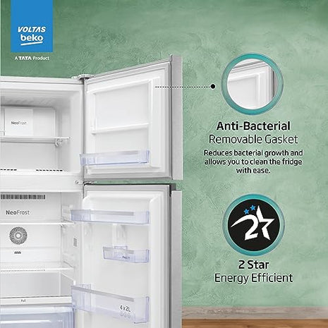 Voltas Beko, A Tata Product 228 L, 2-Star Made in India Double Door Frost Free Refrigerator with Neo Frost Dual Cooling Technology (RFF265D/W0XIR0I0000GO, Brushed Silver) 