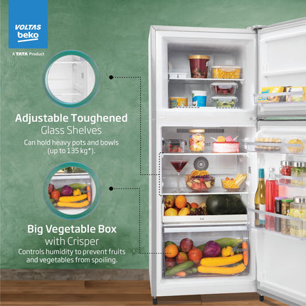 Voltas Beko, A Tata Product 228 L, 2-Star Made in India Double Door Frost Free Refrigerator with Neo Frost Dual Cooling Technology (RFF265D/W0XIR0I0000GO, Brushed Silver) 