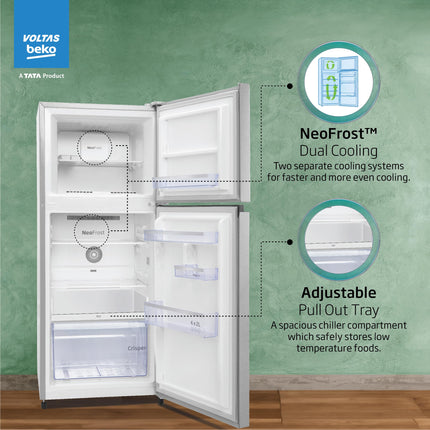 Voltas Beko, A Tata Product 228 L, 2-Star Made in India Double Door Frost Free Refrigerator with Neo Frost Dual Cooling Technology (RFF265D/W0XIR0I0000GO, Brushed Silver) 