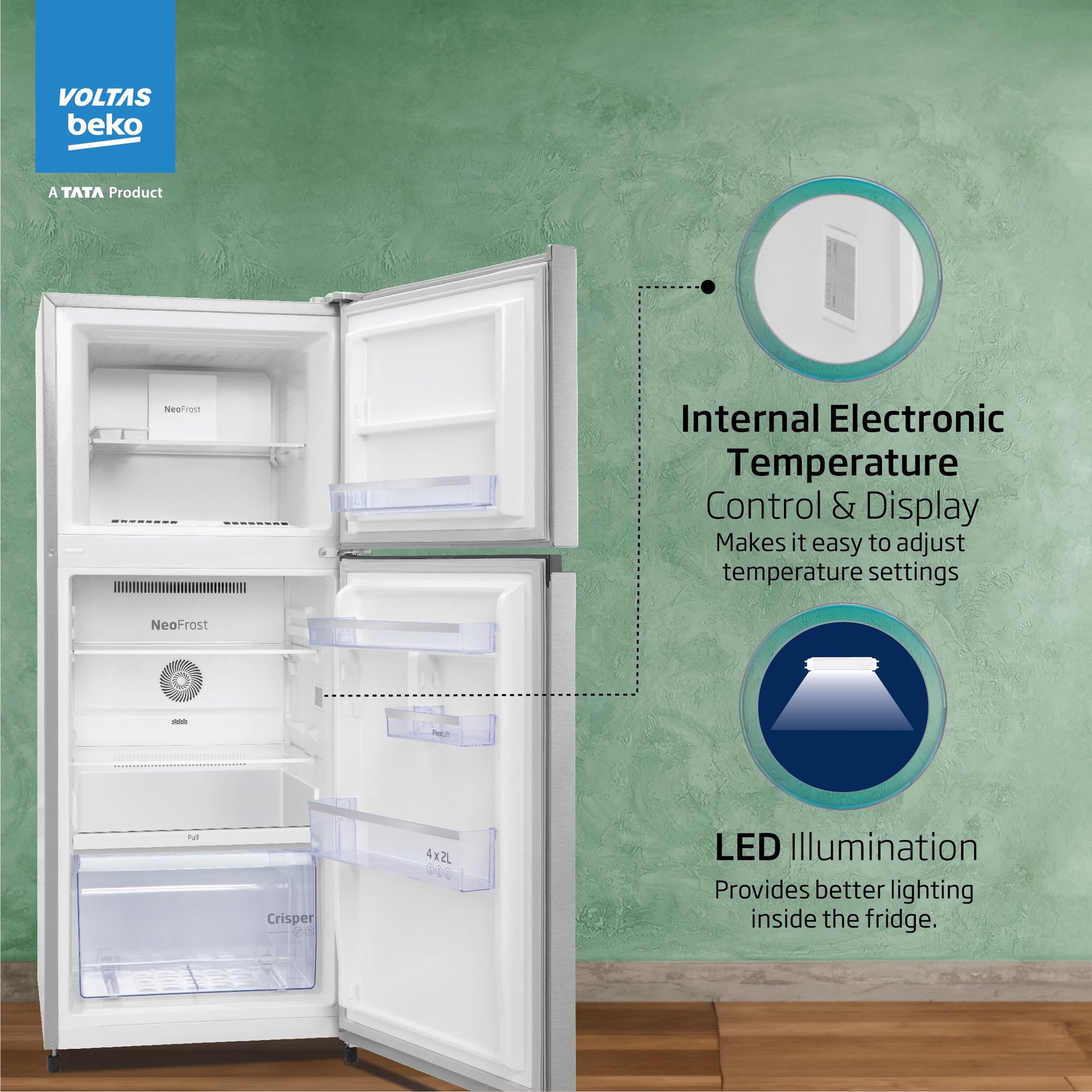 Voltas Beko, A Tata Product 228 L, 2-Star Made in India Double Door Frost Free Refrigerator with Neo Frost Dual Cooling Technology (RFF265D/W0XIR0I0000GO, Brushed Silver) 