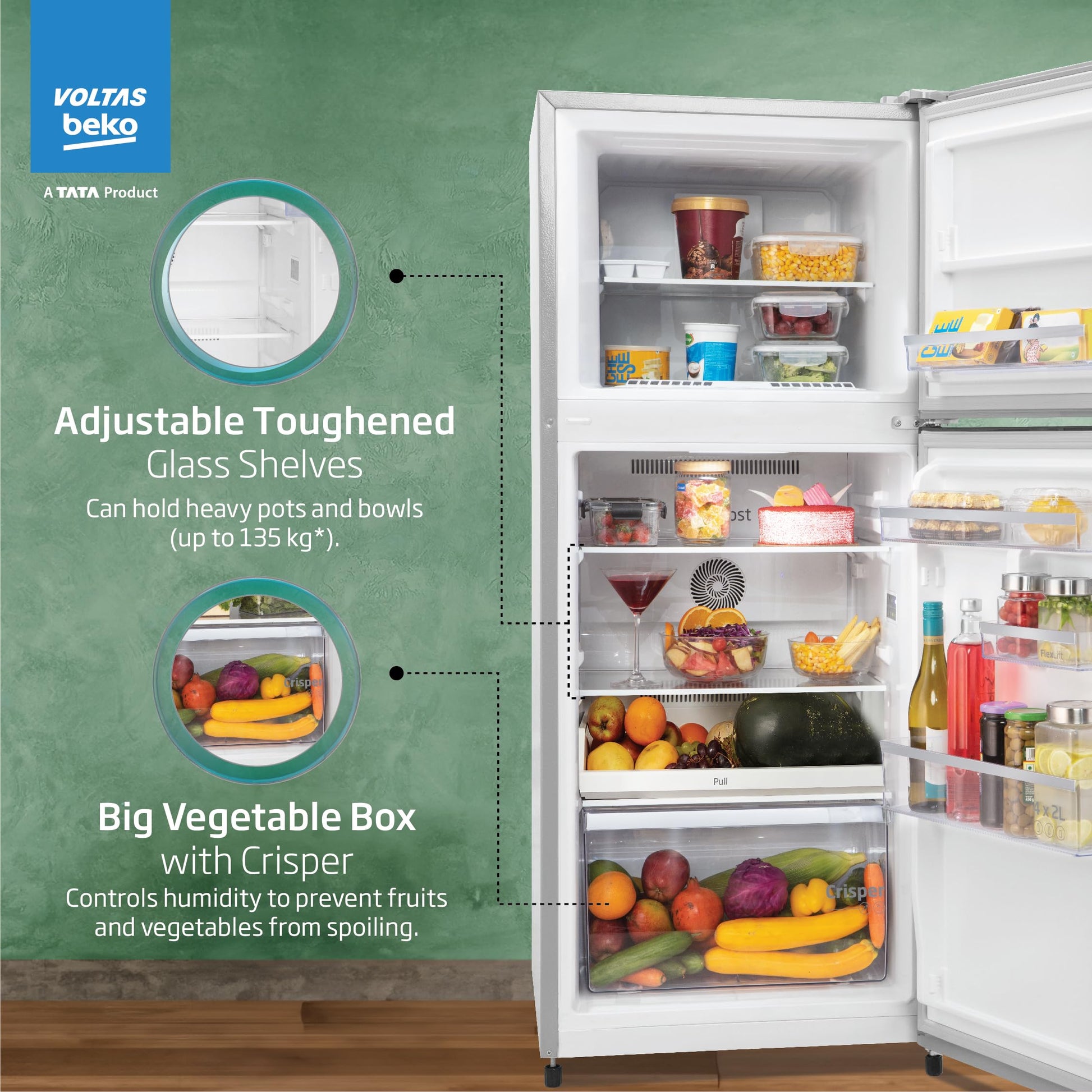 Voltas Beko, A Tata Product 228 L, 2-Star Made in India Double Door Frost Free Refrigerator with Neo Frost Dual Cooling Technology (RFF265D/W0XIR0I0000GO, Brushed Silver) 