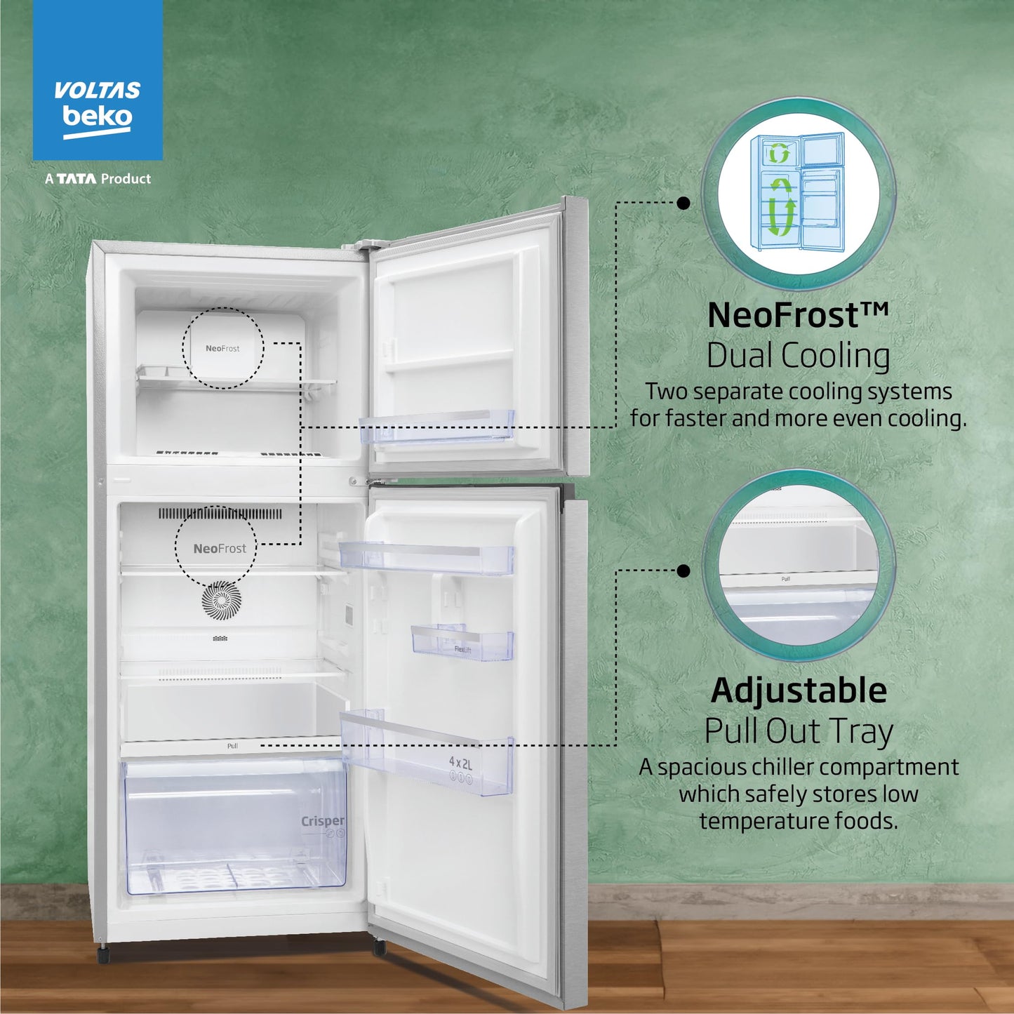 Voltas Beko, A Tata Product 228 L, 2-Star Made in India Double Door Frost Free Refrigerator with Neo Frost Dual Cooling Technology (RFF265D/W0XIR0I0000GO, Brushed Silver) 