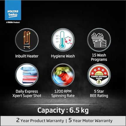 Voltas Beko, A Tata Product 6.5 Kg 5 Star Fully Automatic Front Loading Washing Machine (WFL6512B7CUSKA/WXV, White, In-Built Heater) 
