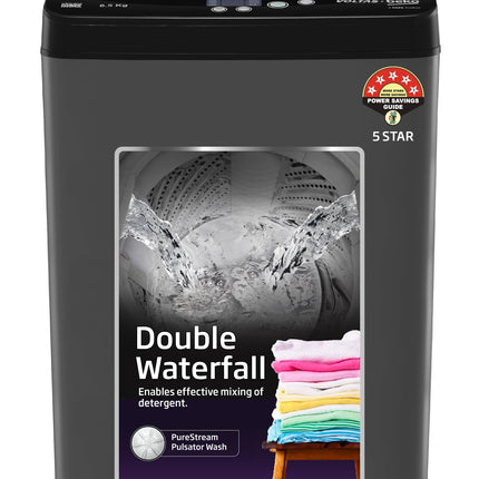 Voltas Beko, A Tata Product 6.5 Kg 5 Star Fully-Automatic Top Loading Washing Machine (WTL6504UEA/OBS2P10 Eco-Series,Dark Grey, Pulsator wash and Double waterfall technology) 