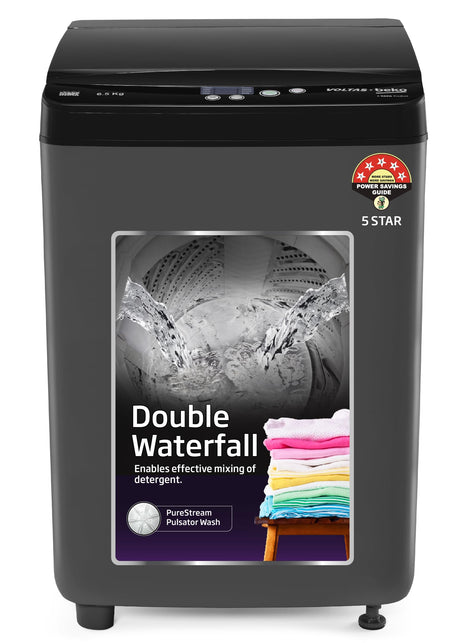 Voltas Beko, A Tata Product 6.5 Kg 5 Star Fully-Automatic Top Loading Washing Machine (WTL6504UEA/OBS2P10 Eco-Series,Dark Grey, Pulsator wash and Double waterfall technology) 