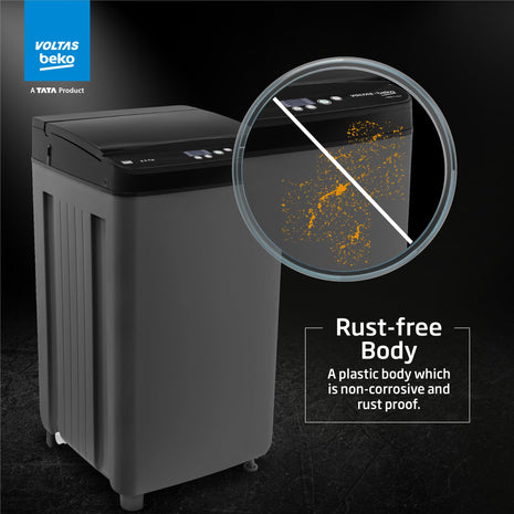 Voltas Beko, A Tata Product 6.5 Kg 5 Star Fully-Automatic Top Loading Washing Machine (WTL6504UEA/OBS2P10 Eco-Series,Dark Grey, Pulsator wash and Double waterfall technology) 