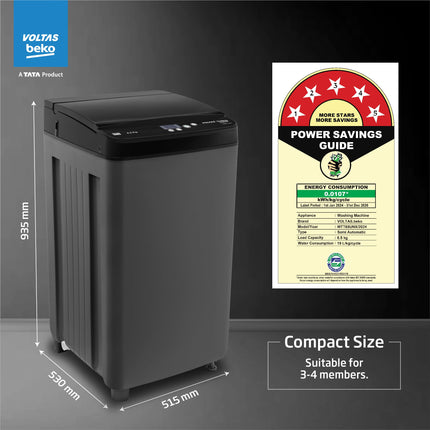 Voltas Beko, A Tata Product 6.5 Kg 5 Star Fully-Automatic Top Loading Washing Machine (WTL6504UEA/OBS2P10 Eco-Series,Dark Grey, Pulsator wash and Double waterfall technology) 