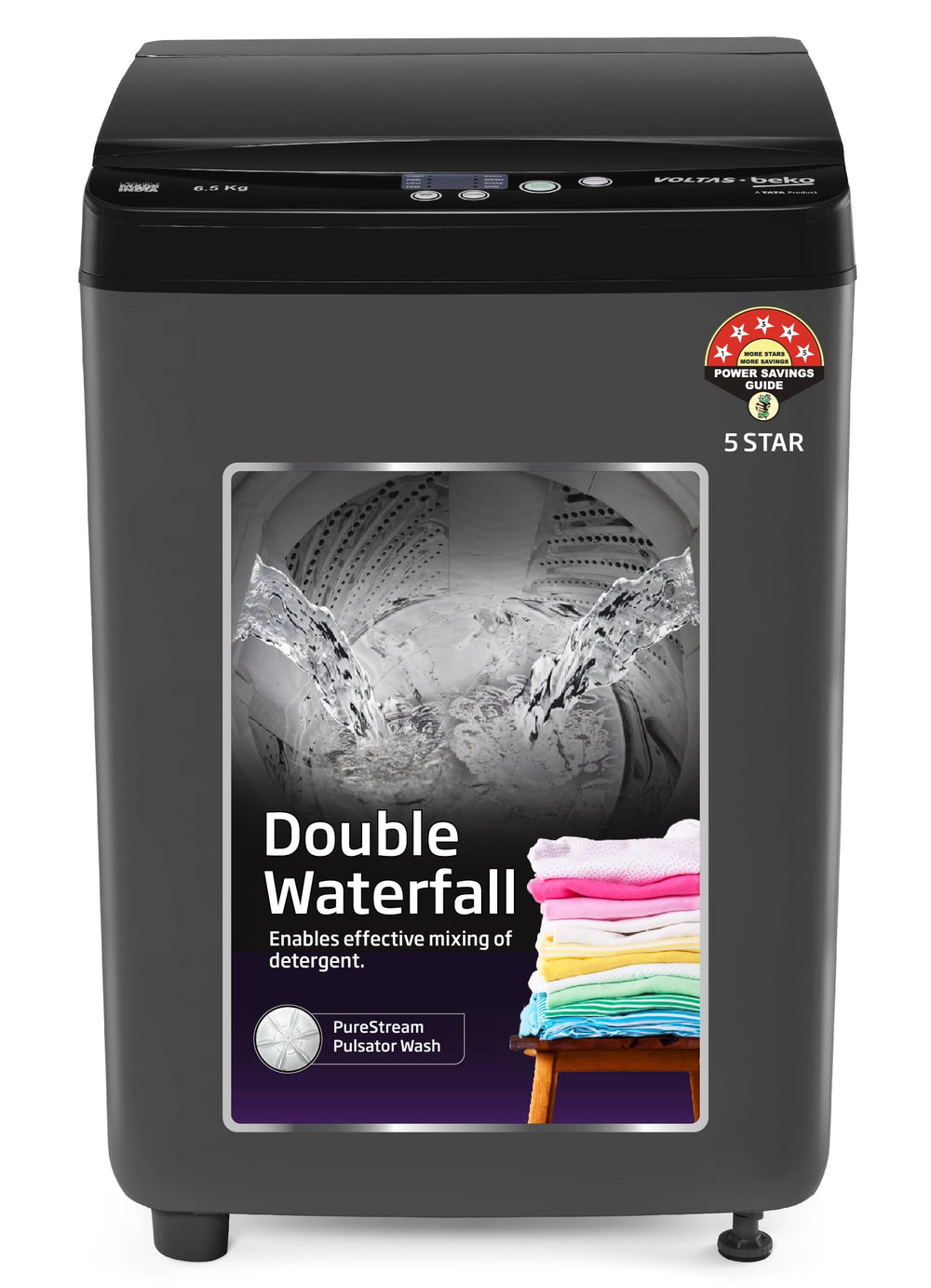 Voltas Beko, A Tata Product 6.5 Kg 5 Star Fully-Automatic Top Loading Washing Machine (WTL6504UEA/OBS2P10 Eco-Series,Dark Grey, Pulsator wash and Double waterfall technology) price under 20000