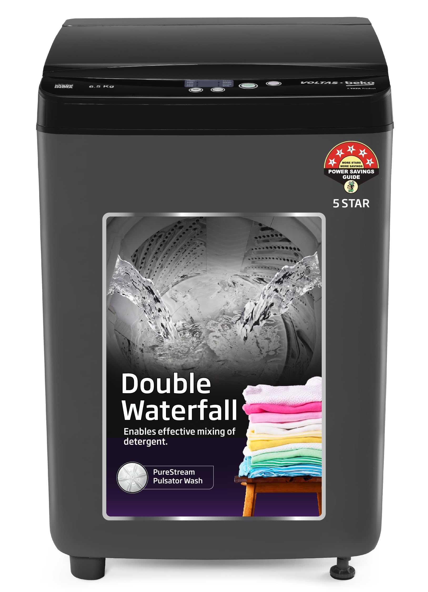 Voltas Beko, A Tata Product 6.5 Kg 5 Star Fully-Automatic Top Loading Washing Machine (WTL6504UEA/OBS2P10 Eco-Series,Dark Grey, Pulsator wash and Double waterfall technology) 