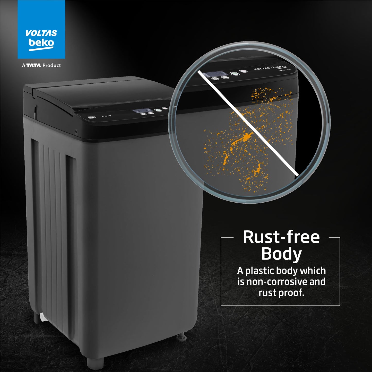 Voltas Beko, A Tata Product 6.5 Kg 5 Star Fully-Automatic Top Loading Washing Machine (WTL6504UEA/OBS2P10 Eco-Series,Dark Grey, Pulsator wash and Double waterfall technology) 