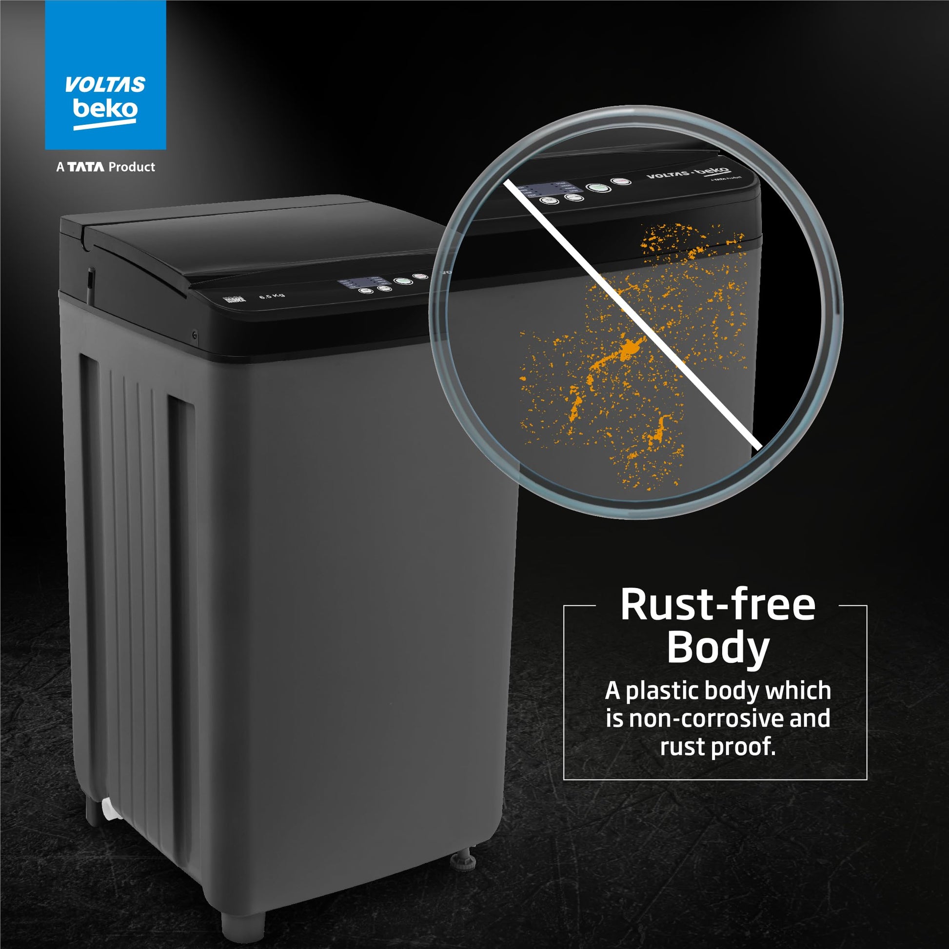 Voltas Beko, A Tata Product 6.5 Kg 5 Star Fully-Automatic Top Loading Washing Machine (WTL6504UEA/OBS2P10 Eco-Series,Dark Grey, Pulsator wash and Double waterfall technology) 