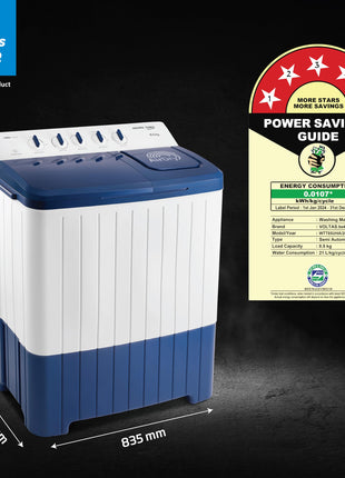 Voltas Beko, A Tata Product 8.5 Kg 5 Star Semi-Automatic Top Loading Washing Machine (2024 Model, WTT85UHA/OK5I0I0W01, Blue, Air Dry & Pulsator wash technology) 