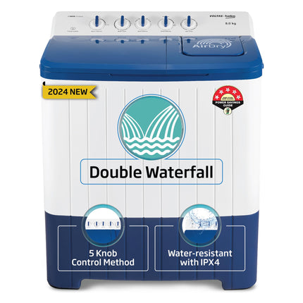 Voltas Beko, A Tata Product 8 Kg 5 Star Semi-automatic Top Load Washing Machine with Double Waterfall Technology (WTT80UHA/OK5I0I0W01, Blue, 5 Knob Control Method) 