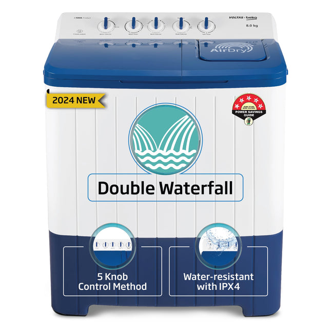 Voltas Beko, A Tata Product 8 Kg 5 Star Semi-automatic Top Load Washing Machine with Double Waterfall Technology (WTT80UHA/OK5I0I0W01, Blue, 5 Knob Control Method) 