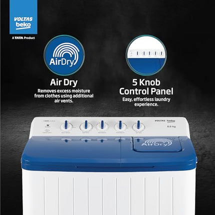 Voltas Beko, A Tata Product 8 Kg 5 Star Semi-automatic Top Load Washing Machine with Double Waterfall Technology (WTT80UHA/OK5I0I0W01, Blue, 5 Knob Control Method) 