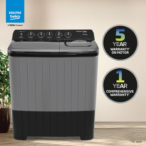 Voltas Beko, A Tata Product 9 Kg 5 Star Semi-Automatic Top Loading Washing Machine (WTT90UHA/OK5B1B1S23, Black, Pulsator Wash Method and Double waterfall technology) 