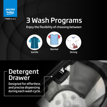 Voltas Beko, A Tata Product 9 Kg 5 Star Semi-Automatic Top Loading Washing Machine (WTT90UHA/OK5B1B1S23, Black, Pulsator Wash Method and Double waterfall technology) 