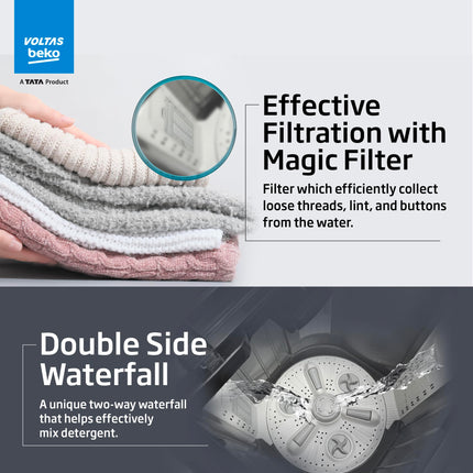 Voltas Beko, A Tata Product 9 Kg 5 Star Semi-Automatic Top Loading Washing Machine (WTT90UHA/OK5B1B1S23, Black, Pulsator Wash Method and Double waterfall technology) 