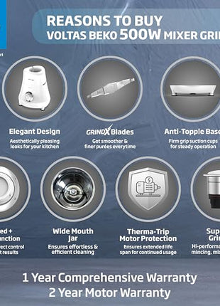 Voltas Beko, A Tata Product Powerfull 500 W Mixer Grinder with GrindX Technology (G5003HP-WH | 3 Jars | White) 