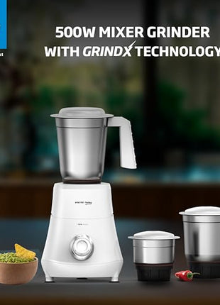 Voltas Beko, A Tata Product Powerfull 500 W Mixer Grinder with GrindX Technology (G5003HP-WH | 3 Jars | White) 