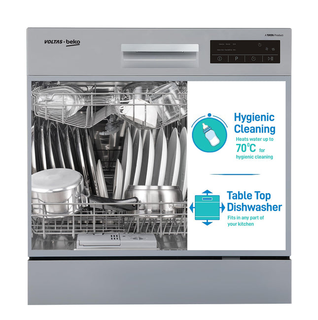 Voltas beko 8 Place Settings Table Top Dishwasher (2020/2021, DT8S, Silver, Inbuilt Heater) 