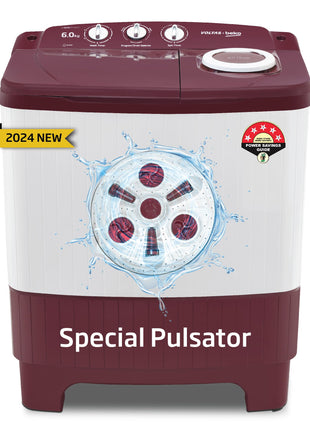 Voltas beko, A Tata Product 6 kg 5 Star Semi-Automatic Top Load Washing Machine With Air Dry (2024 Model, WTT60UNX/OK3R0R0W01, Burgundy, Special Pulsator Technology) 