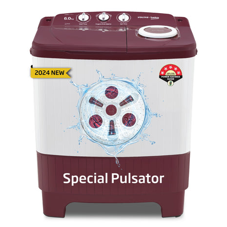 Voltas beko, A Tata Product 6 kg 5 Star Semi-Automatic Top Load Washing Machine With Air Dry (2024 Model, WTT60UNX/OK3R0R0W01, Burgundy, Special Pulsator Technology) 
