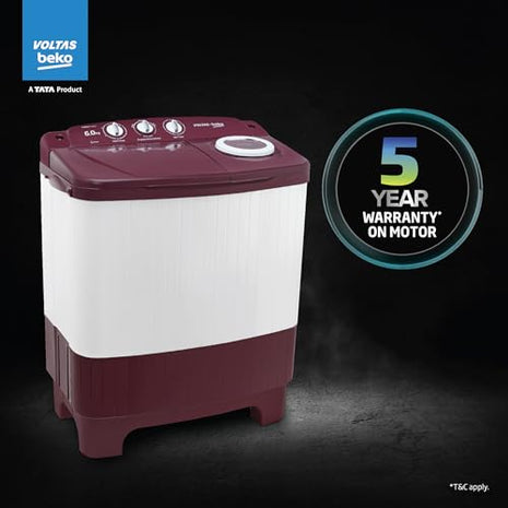 Voltas beko, A Tata Product 6 kg 5 Star Semi-Automatic Top Load Washing Machine With Air Dry (2024 Model, WTT60UNX/OK3R0R0W01, Burgundy, Special Pulsator Technology) 