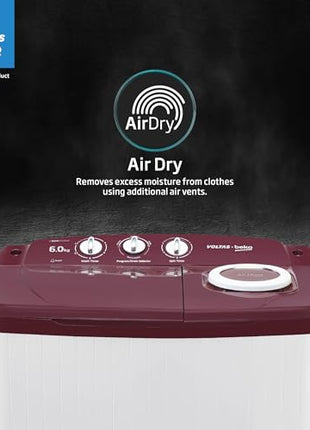 Voltas beko, A Tata Product 6 kg 5 Star Semi-Automatic Top Load Washing Machine With Air Dry (2024 Model, WTT60UNX/OK3R0R0W01, Burgundy, Special Pulsator Technology) 