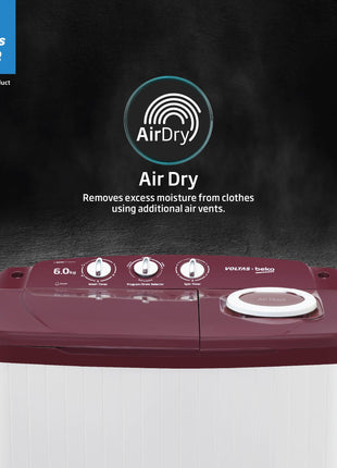 Voltas beko, A Tata Product 6 kg 5 Star Semi-Automatic Top Load Washing Machine With Air Dry (2024 Model, WTT60UNX/OK3R0R0W01, Burgundy, Special Pulsator Technology) 