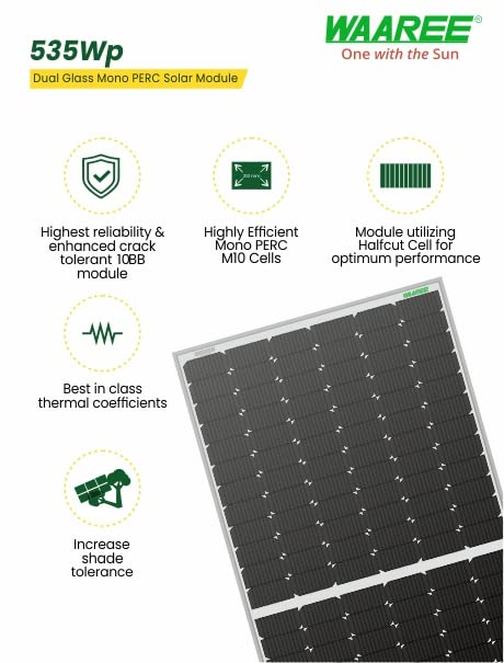 WAAREE II Bifacial 535 Watt Solar Panel (Pack of 2, 535 X 2) Halfcut 24 Volts 144 Cells Mono PERC Bifacial Solar Panels II 30 Years Performance Warranty II 