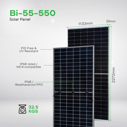 WAAREE II Bifacial 550 Watt II Dual Glass Bifacial Mono PERC Solar Panel II 144 Half-Cut VOC 49.91 II 30 Years Performance Warranty II (Pack of 6) (Bi-55-550, 3.3kW) 