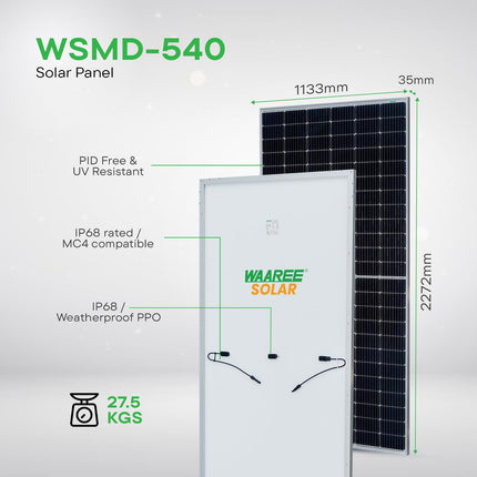 WAAREE Solar Panel 540 Watt (Pack of 2) Halfcut 144 Cells Mono PERC Solar Panels II VOC 49.61 Volts II ISC 13.83 A II IMP 12.95 A II System Voltage 1500 VDC 