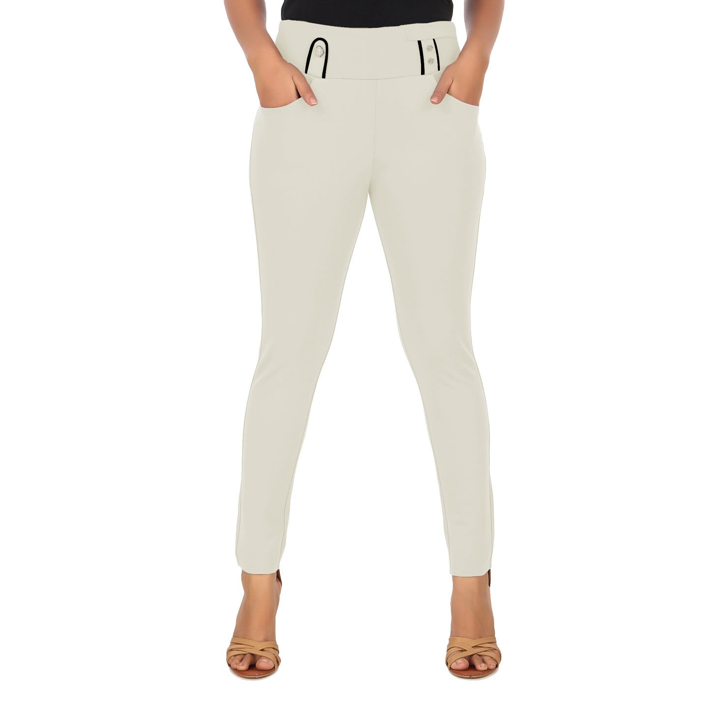 ComfortFit Women's Mid-Waist Jeggings with 2 Front Pockets - Off White