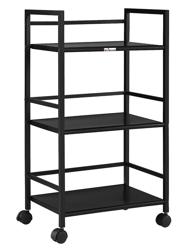 WINSTAR Metal Rolling Trolley with Lockable Wheels | Heavy Duty Multifunctional Metal Frame Cart | Ideal for Home, Kitchen, Bathroom and Office Storage | (Black, 3-Tier) 