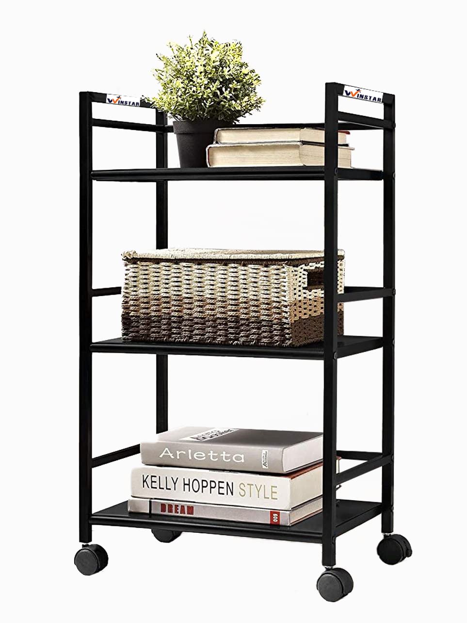 WINSTAR Metal Rolling Trolley with Lockable Wheels | Heavy Duty Multifunctional Metal Frame Cart | Ideal for Home, Kitchen, Bathroom and Office Storage | (Black, 3-Tier) 