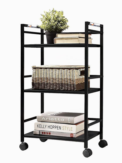 WINSTAR Metal Rolling Trolley with Lockable Wheels | Heavy Duty Multifunctional Metal Frame Cart | Ideal for Home, Kitchen, Bathroom and Office Storage | (Black, 3-Tier) 