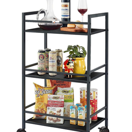 WINSTAR Metal Rolling Trolley with Lockable Wheels | Heavy Duty Multifunctional Metal Frame Cart | Ideal for Home, Kitchen, Bathroom and Office Storage | (Black, 3-Tier) 
