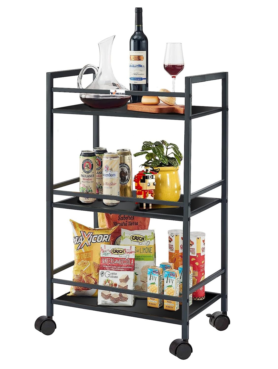 WINSTAR Metal Rolling Trolley with Lockable Wheels | Heavy Duty Multifunctional Metal Frame Cart | Ideal for Home, Kitchen, Bathroom and Office Storage | (Black, 3-Tier) 