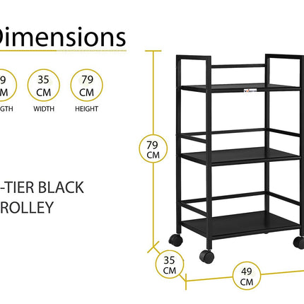 WINSTAR Metal Rolling Trolley with Lockable Wheels | Heavy Duty Multifunctional Metal Frame Cart | Ideal for Home, Kitchen, Bathroom and Office Storage | (Black, 3-Tier) 