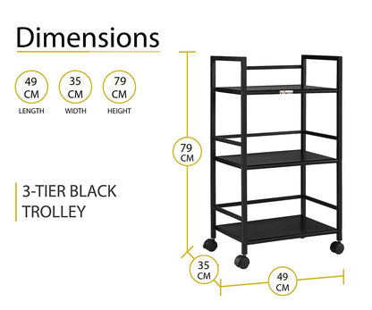 WINSTAR Metal Rolling Trolley with Lockable Wheels | Heavy Duty Multifunctional Metal Frame Cart | Ideal for Home, Kitchen, Bathroom and Office Storage | (Black, 3-Tier) 