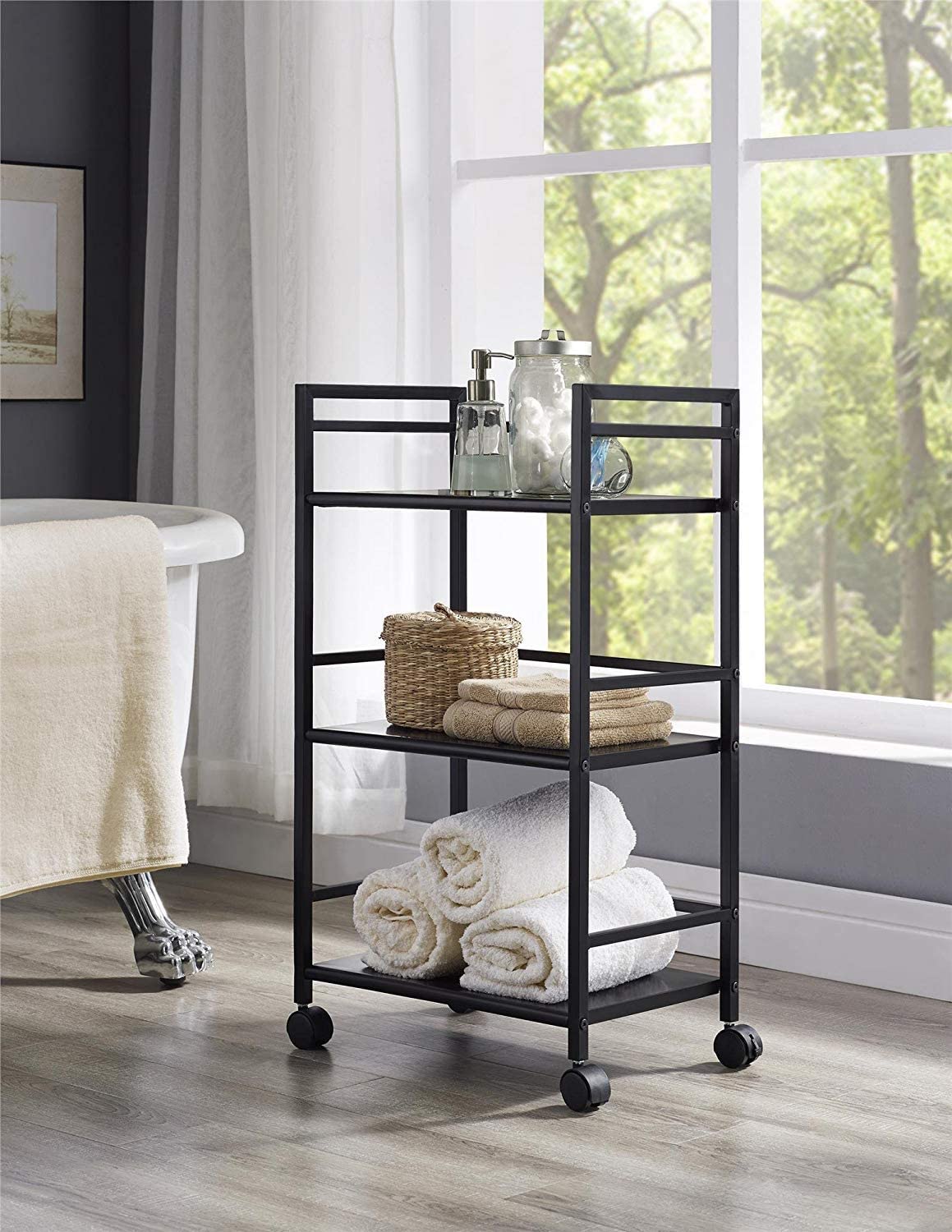 WINSTAR Metal Rolling Trolley with Lockable Wheels | Heavy Duty Multifunctional Metal Frame Cart | Ideal for Home, Kitchen, Bathroom and Office Storage | (Black, 3-Tier) 