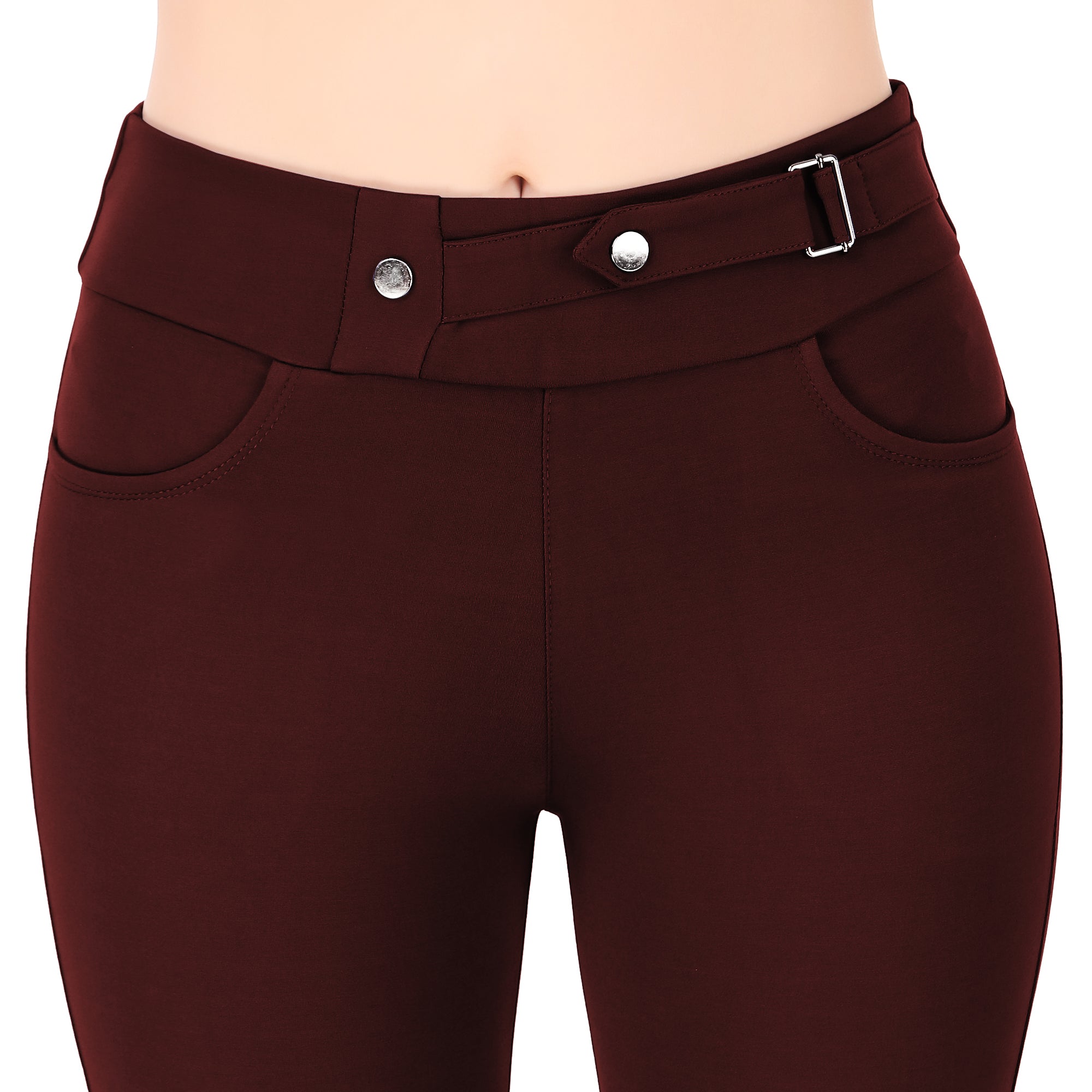 Most Comfortable Women's Mid-Waist Jeggings with 2 Front Pockets - Maroon 