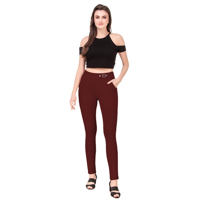 Most Comfortable Women's Mid-Waist Jeggings with 2 Front Pockets - Brown