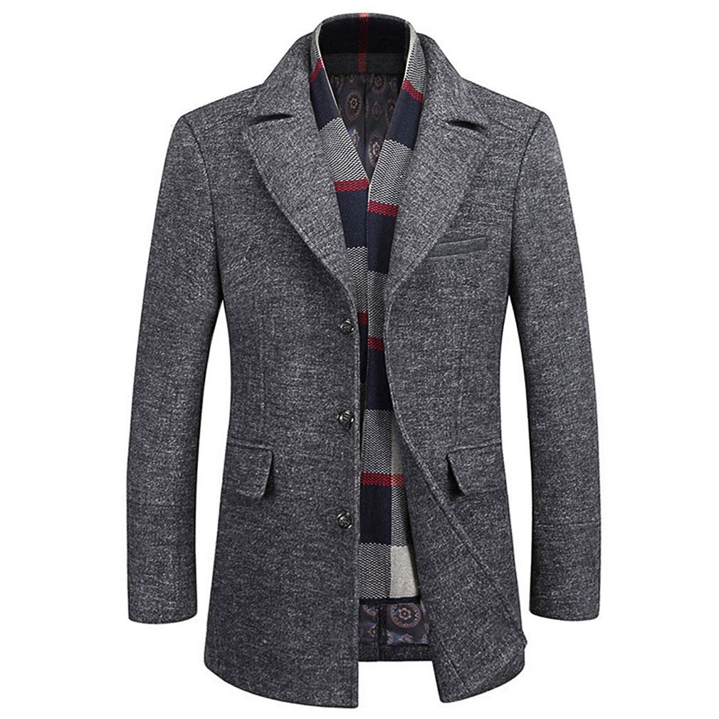 WULFUL Mens Winter Wool Trench Coat Slim Fit Pea Coat With Removable Plaid Scarf 
