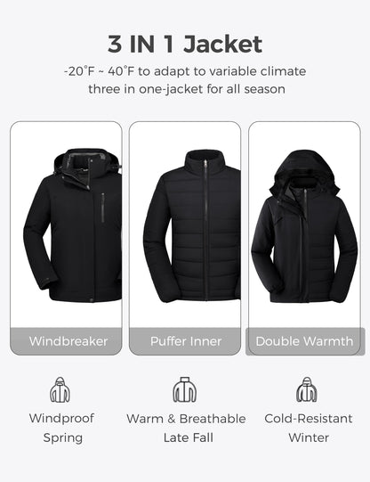 Wantdo Women's 3 In 1 Plus Size Coat Waterproof Snow Jacket Hooded Black 3X 