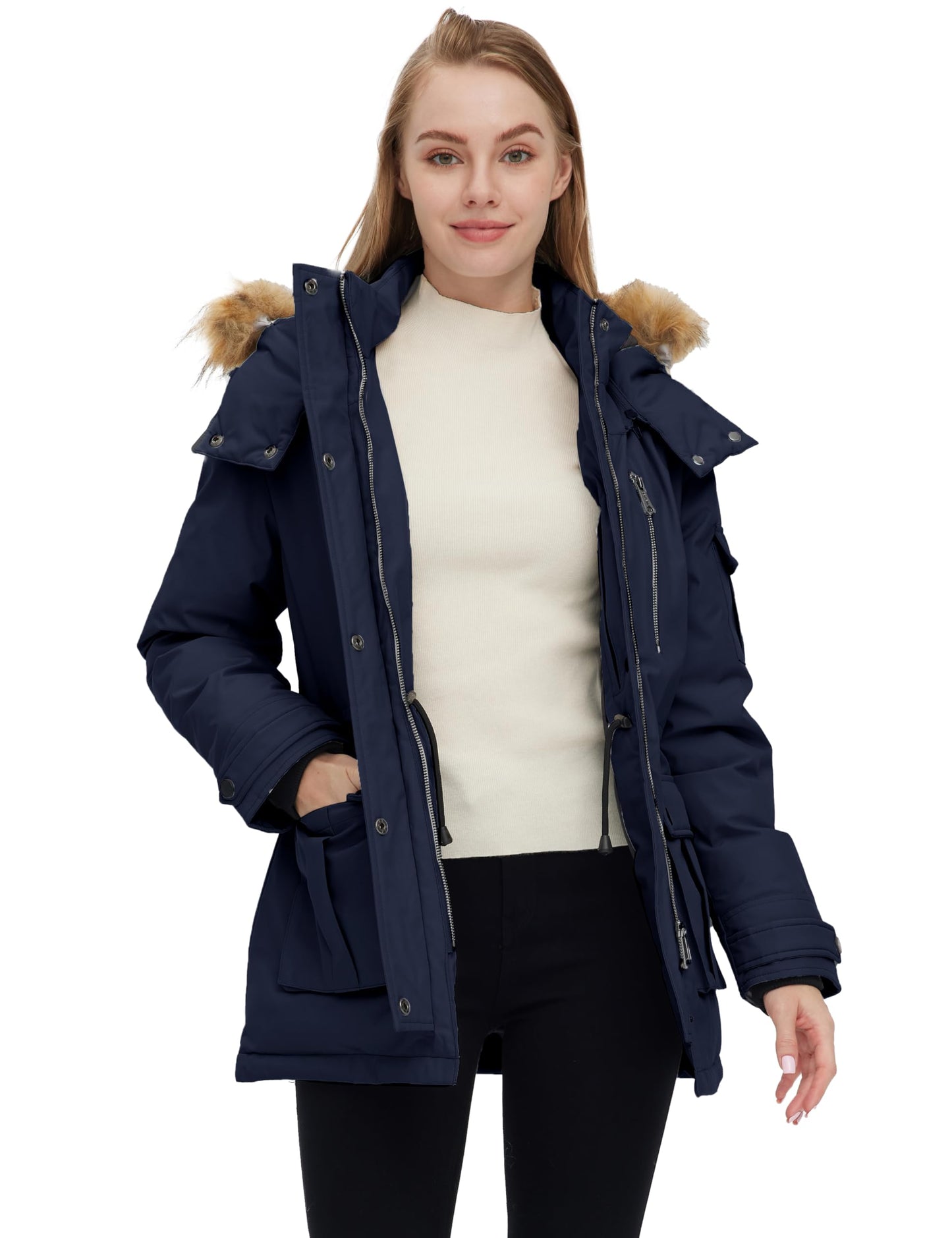 Wantdo Women's Quilted Winter Coat Puffer Jacket Removable Hood Navy Large 