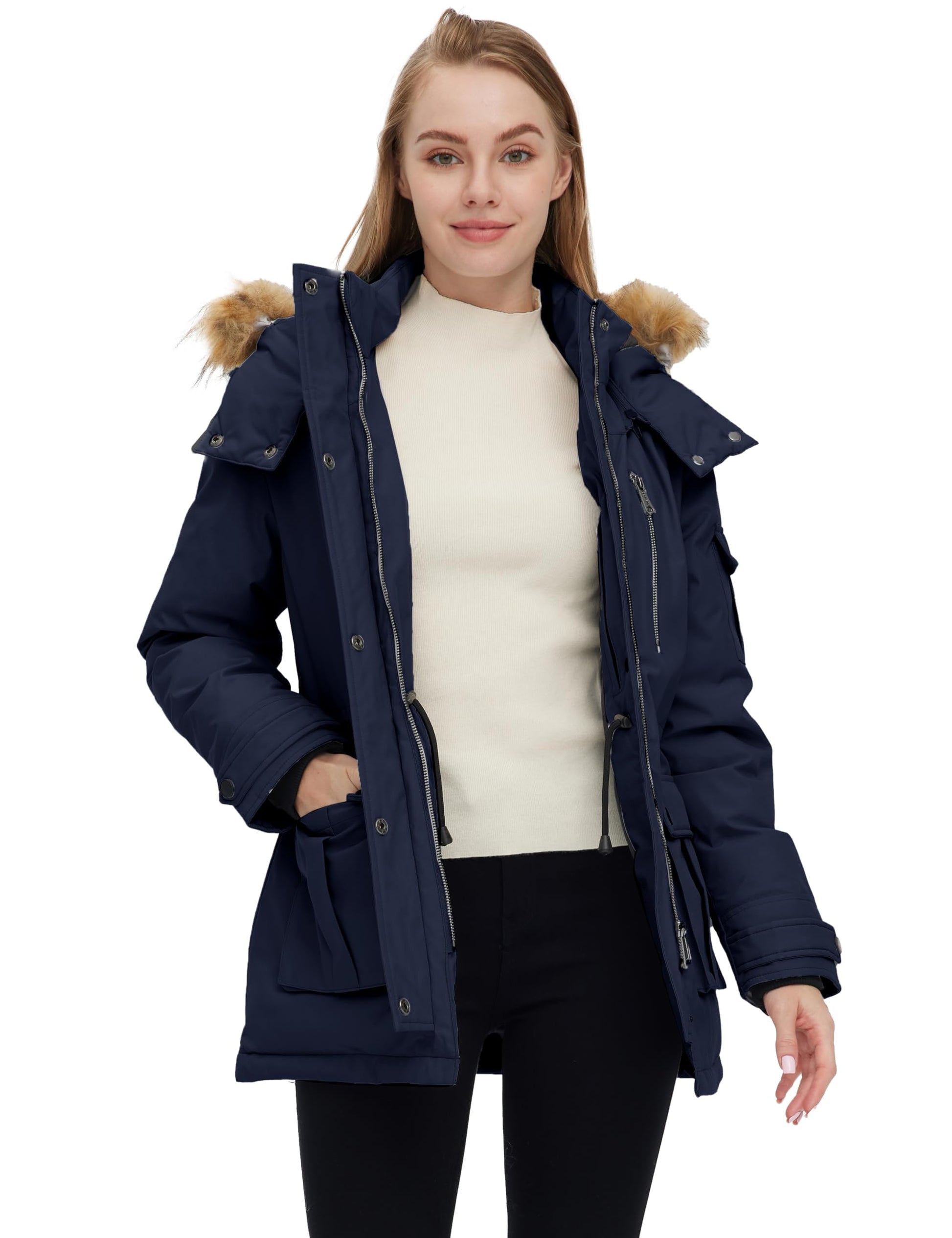 Wantdo Women's Quilted Winter Coat Puffer Jacket Removable Hood Navy Large 