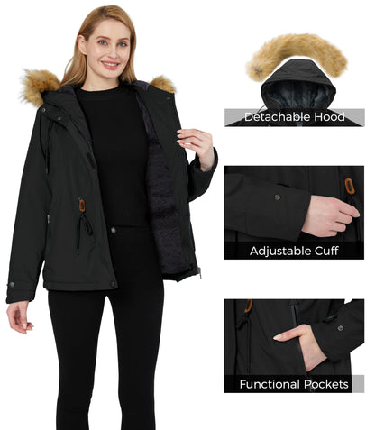 Wantdo Womens Waterproof Ski Jacket Hooded Winter Snow Coat Parka Black Large 